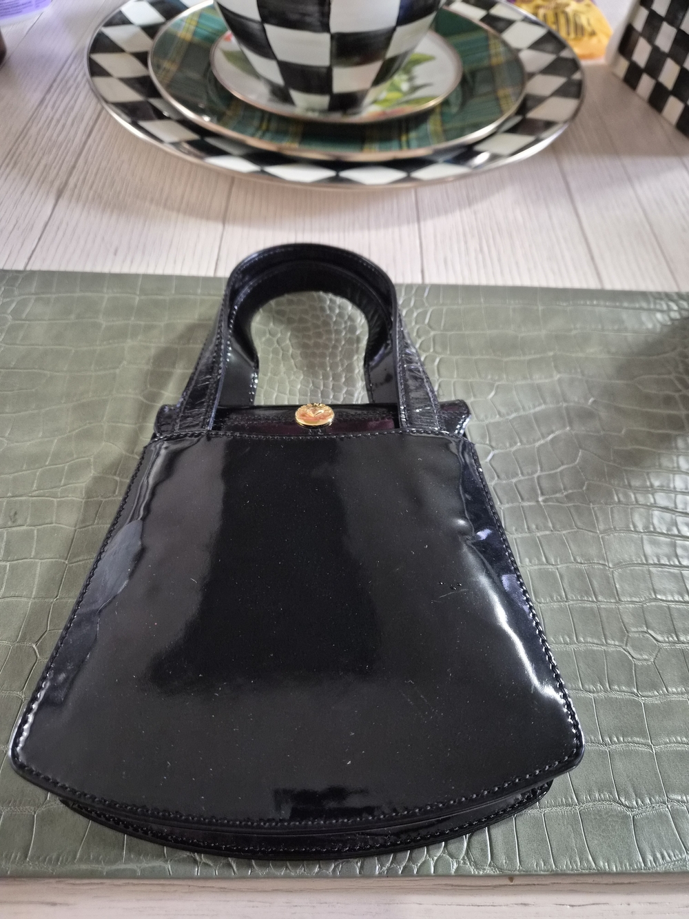 Givenchy Vintage Black Patent Mini Tote with Gold Button Accent